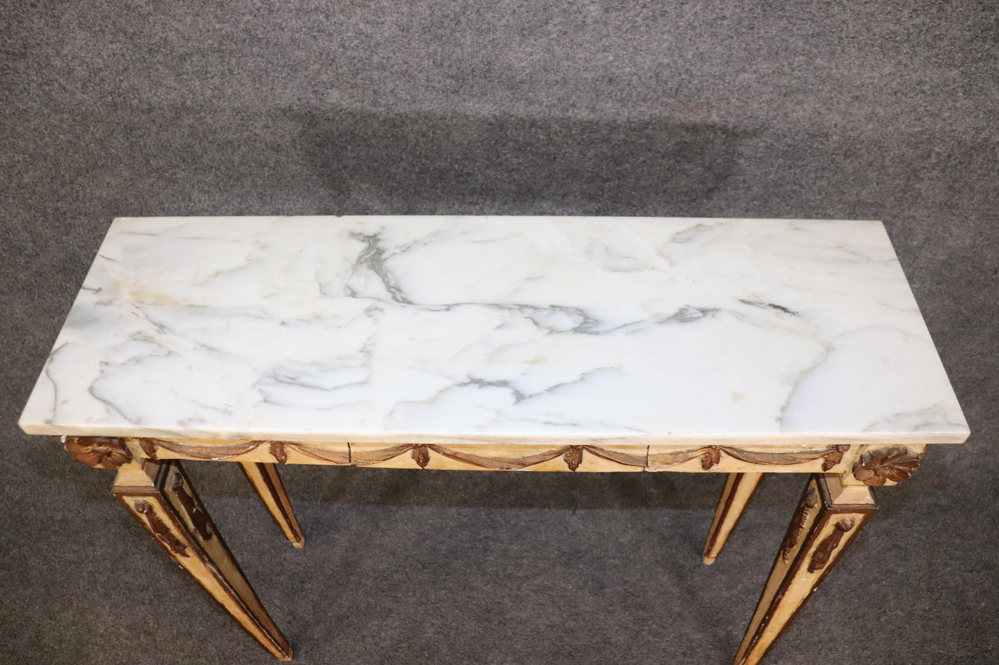 Creme Painted Marble Top Neoclassical Style Italian Console Table with Drawer