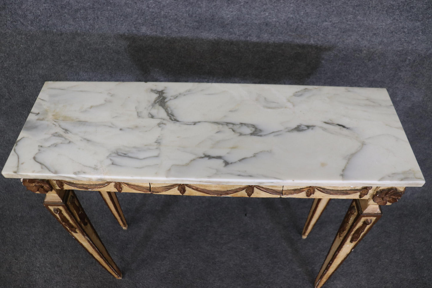 Creme Painted Marble Top Neoclassical Style Italian Console Table with Drawer