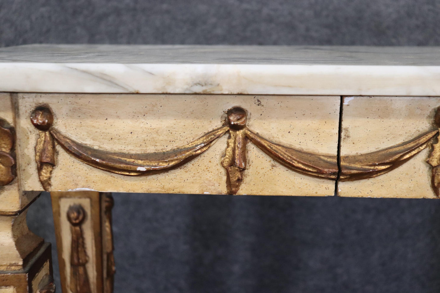 Creme Painted Marble Top Neoclassical Style Italian Console Table with Drawer