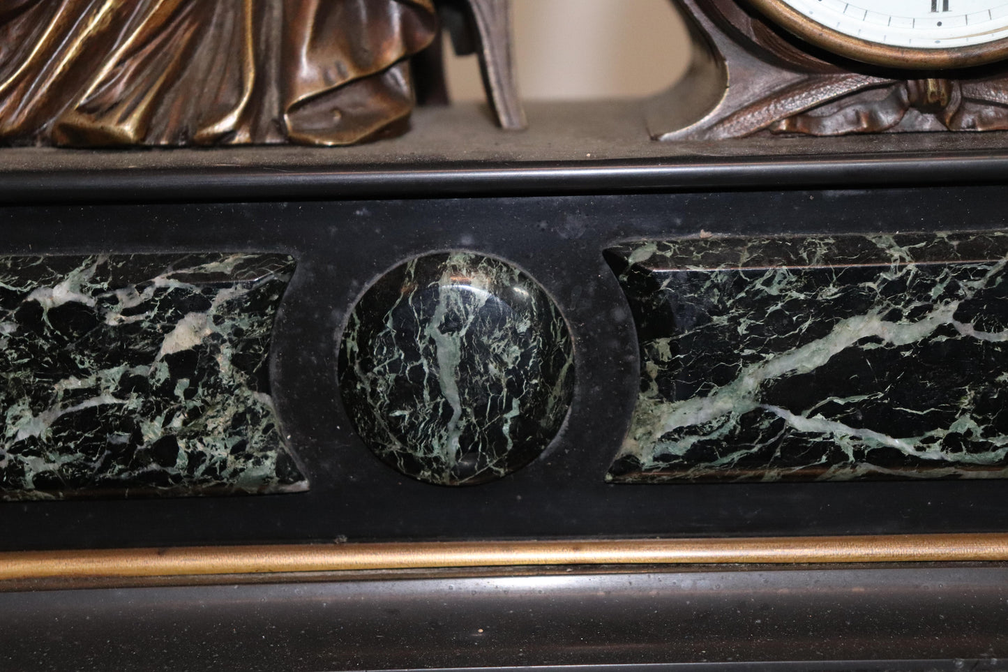 Fine French Verdi Marble and Bronze Mantel Clock of an Enrobed Wise Old Scholar