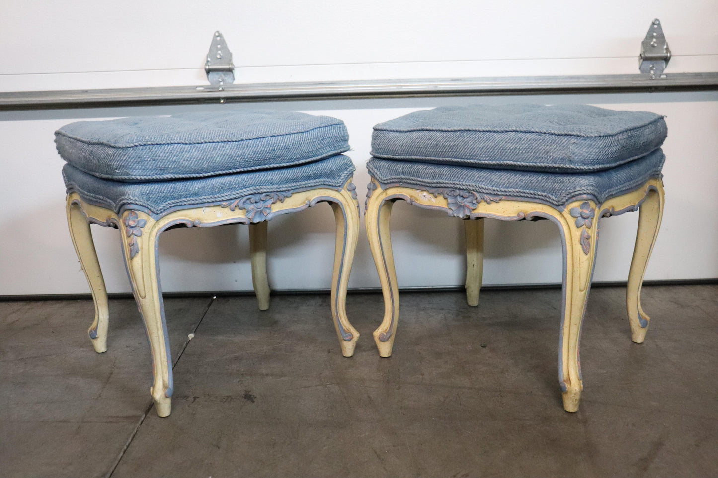 Pair of French Louis XV Painted Foot Stools Ottomans, Circa 1940