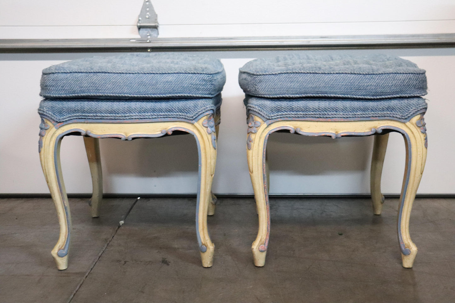 Pair of French Louis XV Painted Foot Stools Ottomans, Circa 1940