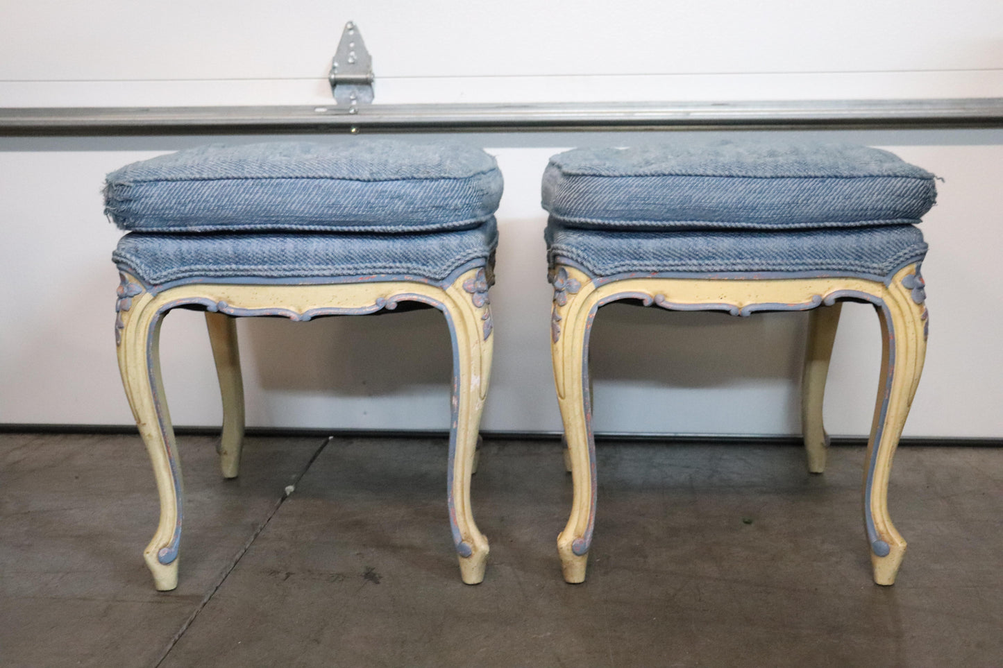 Pair of French Louis XV Painted Foot Stools Ottomans, Circa 1940