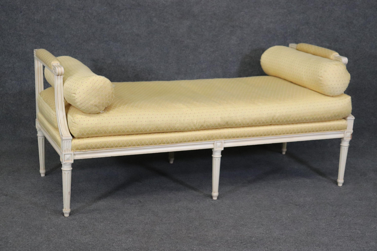 Superb Yellow Upholstered White Painted  French Louis XVI Style Window Bench