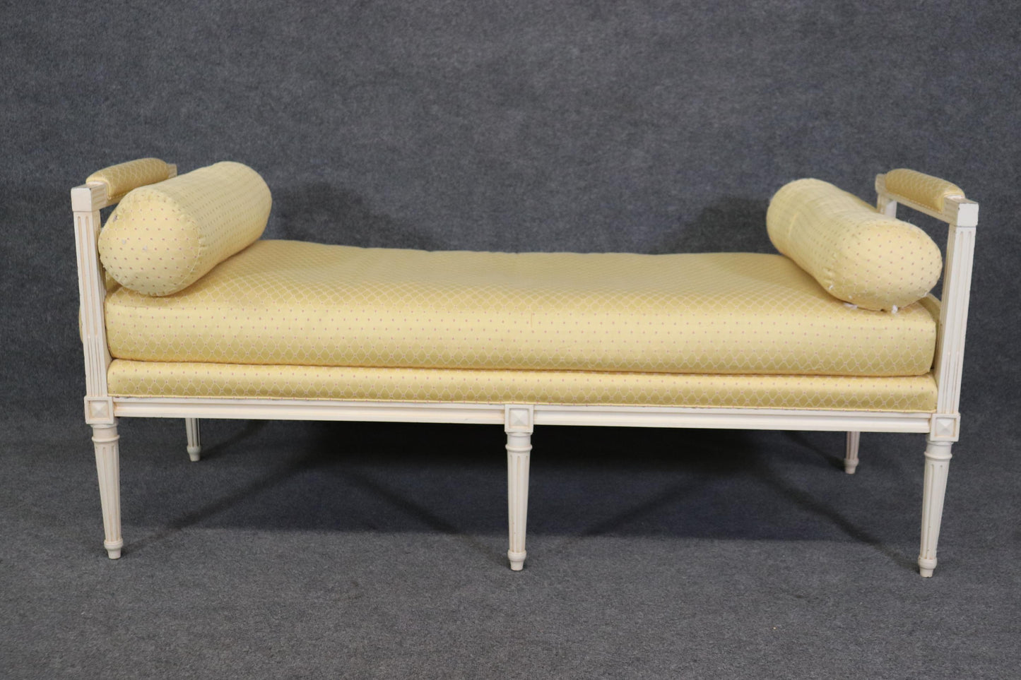 Superb Yellow Upholstered White Painted  French Louis XVI Style Window Bench