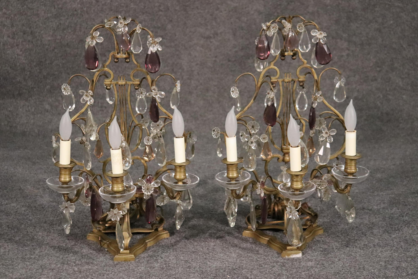 Pair of Fine French Amythest Colored and Clear Crystal Prism Candelabrum