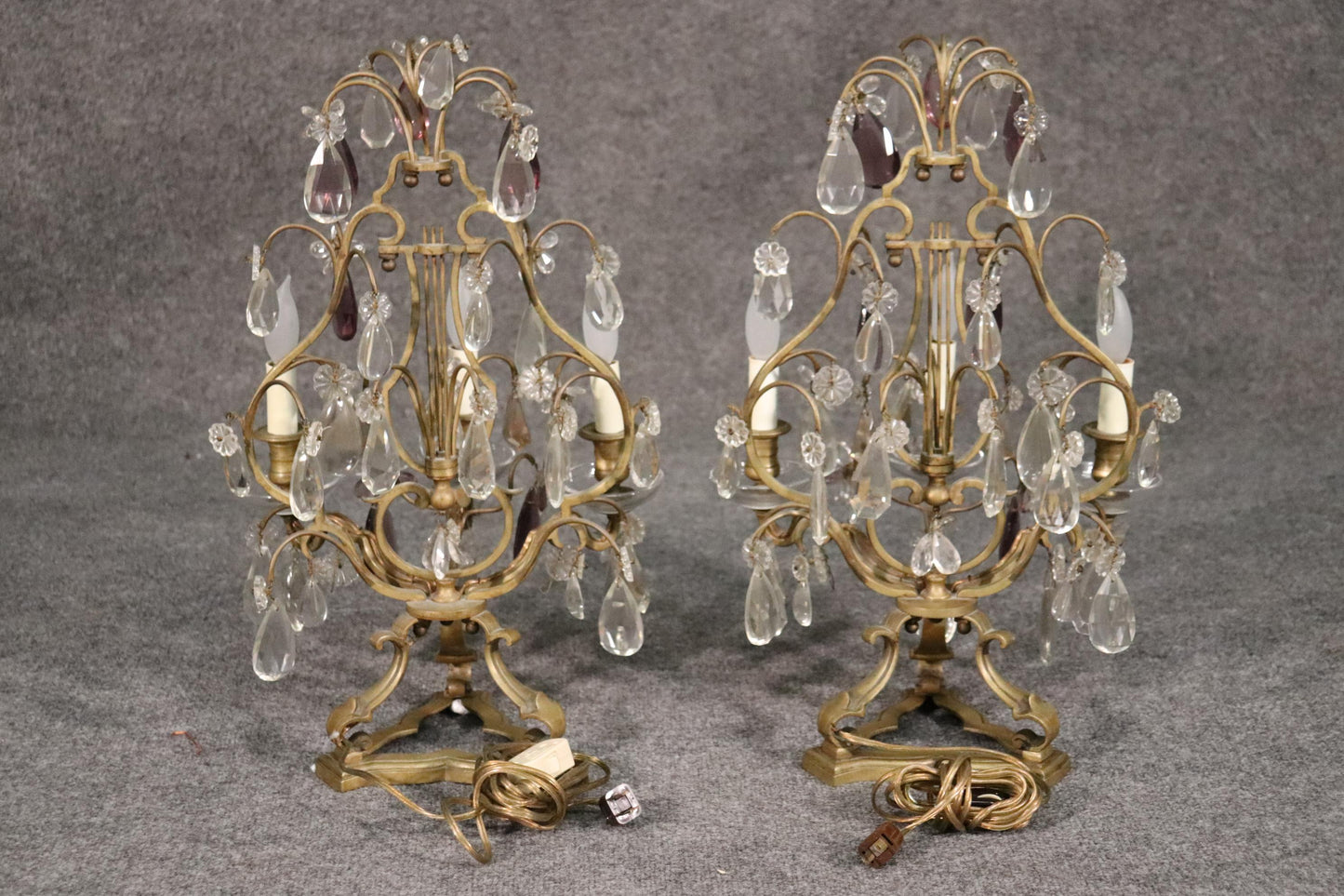 Pair of Fine French Amythest Colored and Clear Crystal Prism Candelabrum