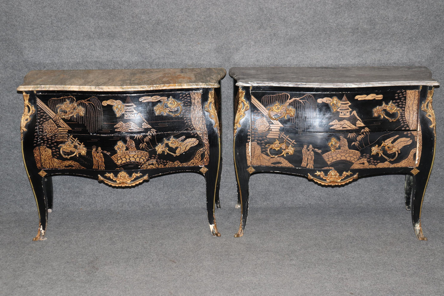 Rare Pair Coromandel Carved Lacquer Mable Top French Louis XV Style Commodes