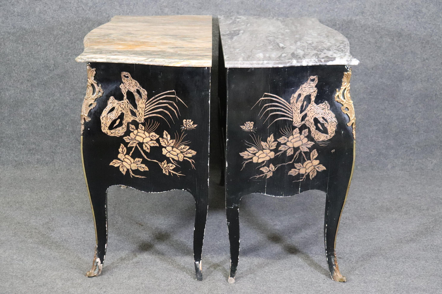 Rare Pair Coromandel Carved Lacquer Mable Top French Louis XV Style Commodes