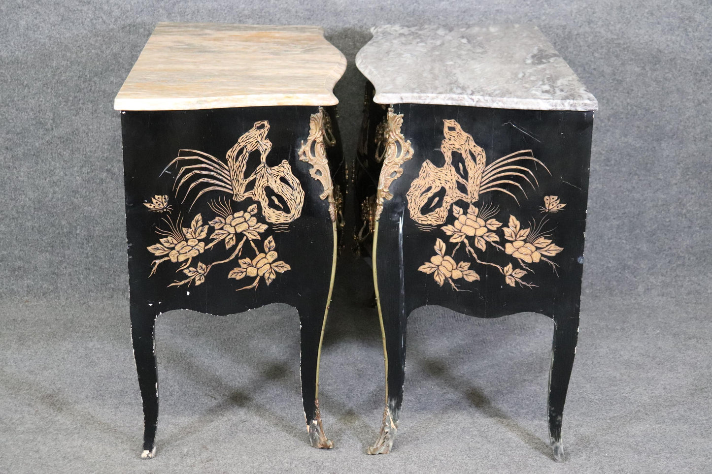 Rare Pair Coromandel Carved Lacquer Mable Top French Louis XV Style Commodes