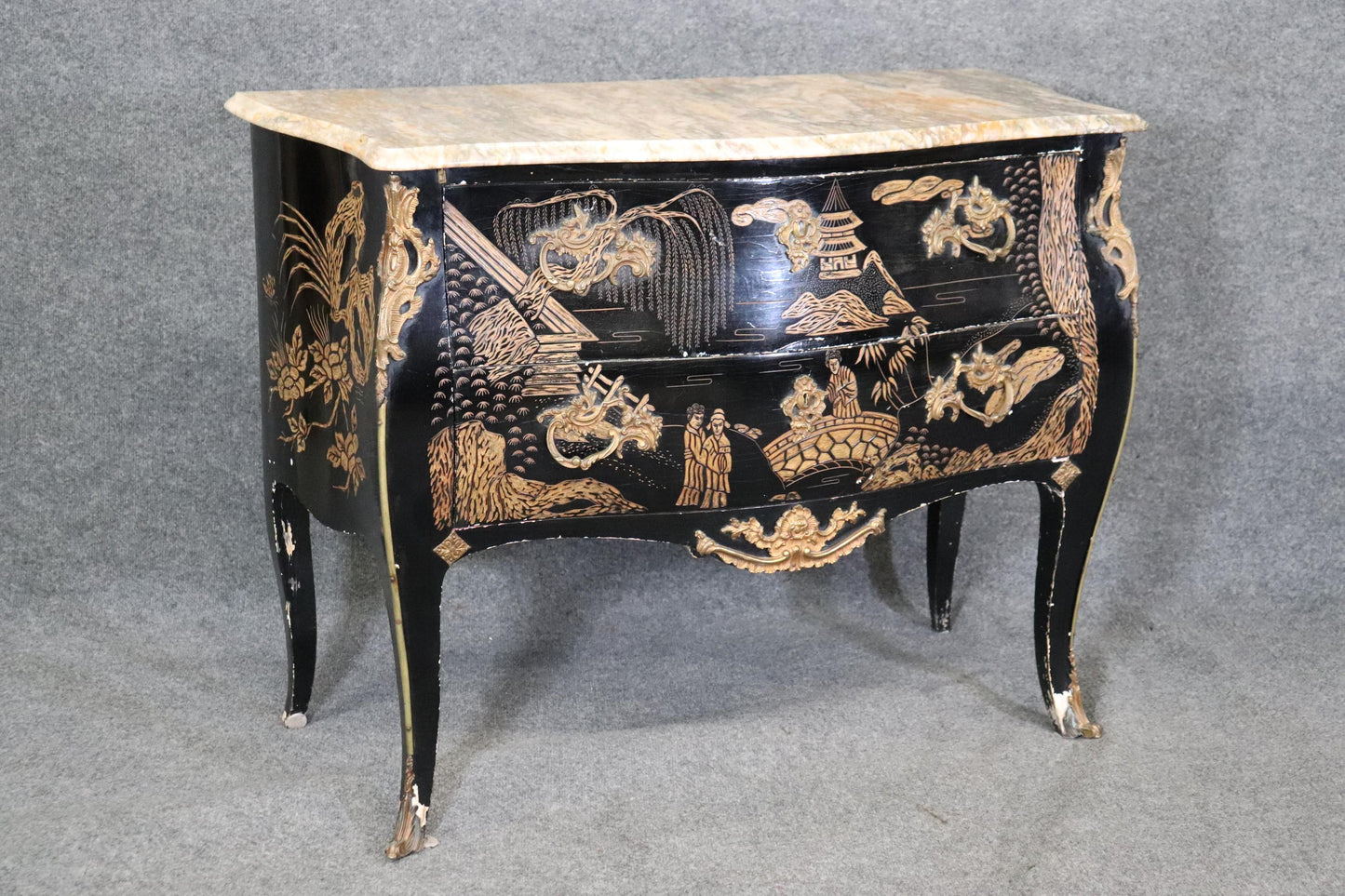 Rare Pair Coromandel Carved Lacquer Mable Top French Louis XV Style Commodes