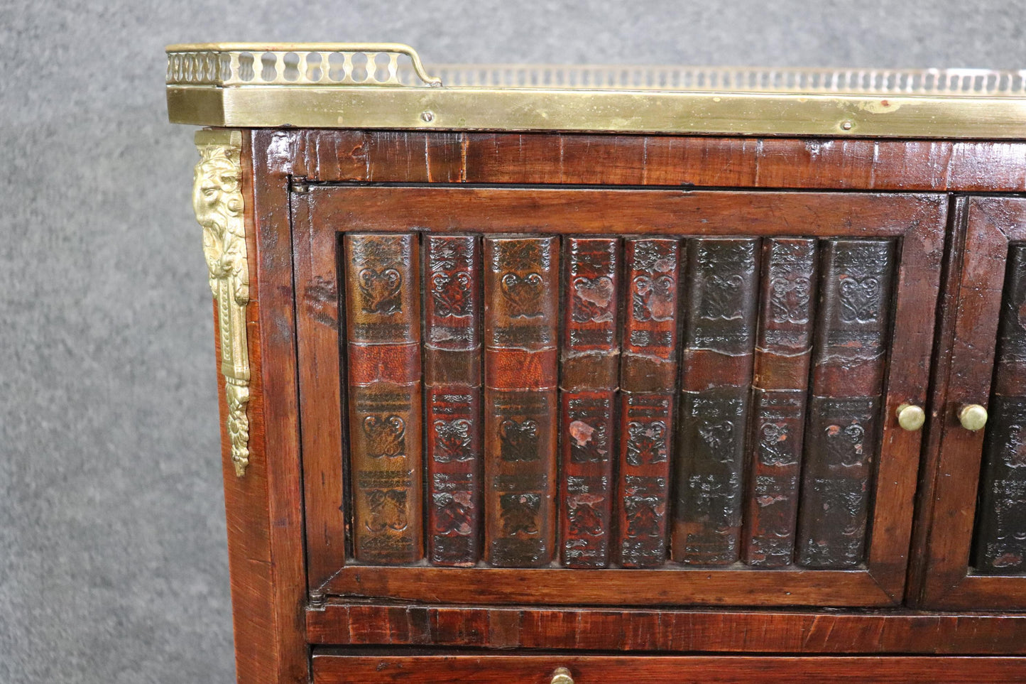 Small French Louis XV Style Marble Bronze Walnut Bookcase Leather Book Spines