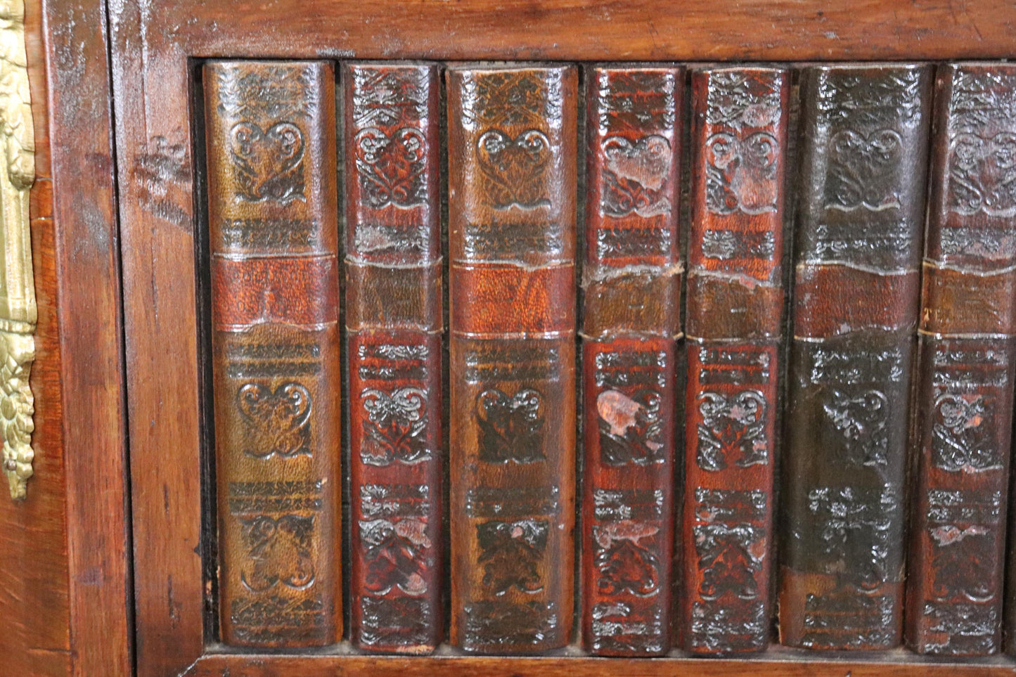 Small French Louis XV Style Marble Bronze Walnut Bookcase Leather Book Spines