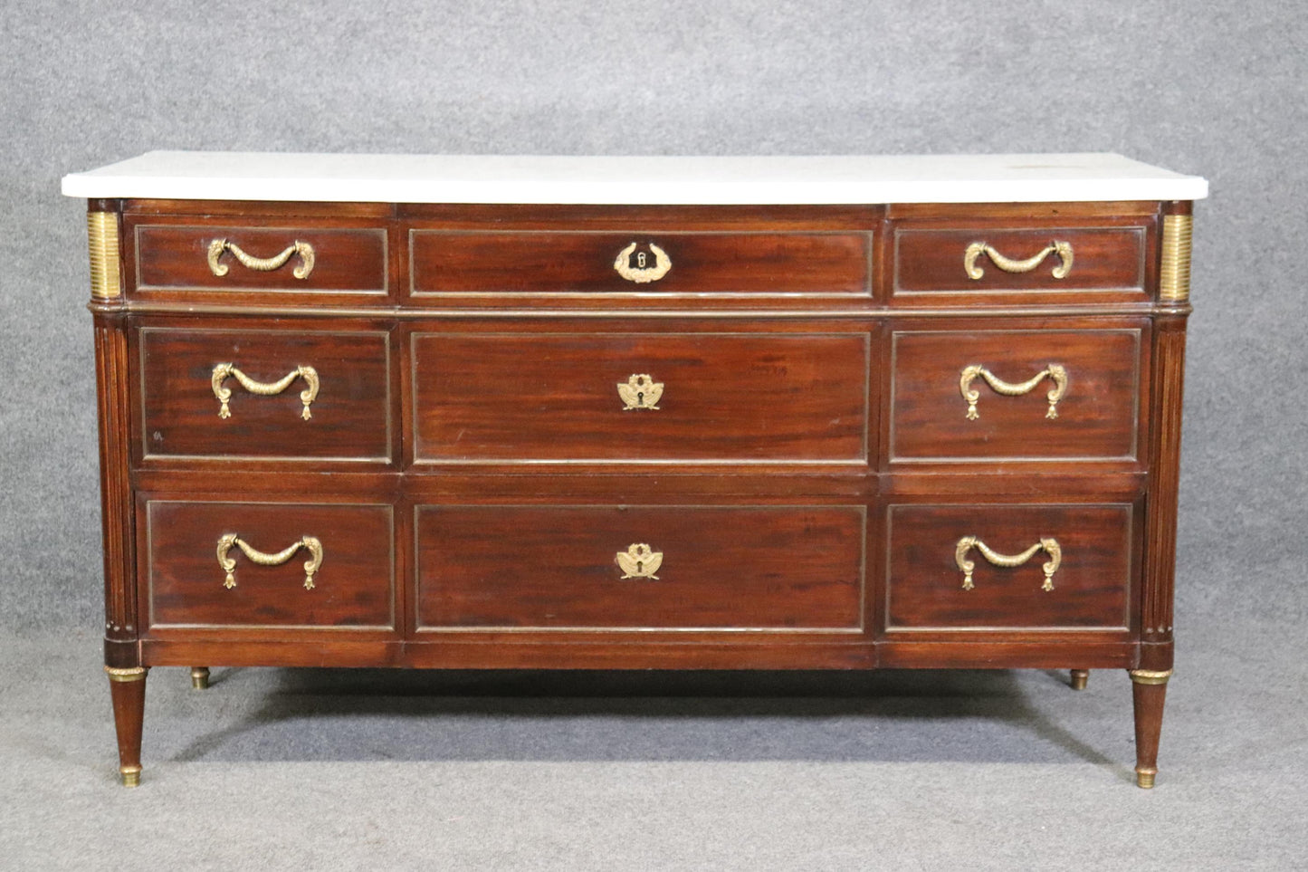 Signed Maison Jansen Mahogany Louis XVI Directoire Marble Top Commode Dresser