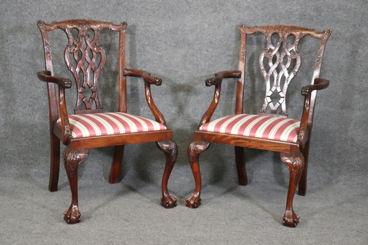 Set of 10 Carved Mahogany Chippendale Dining Chairs Dragon Face Arm Terminals