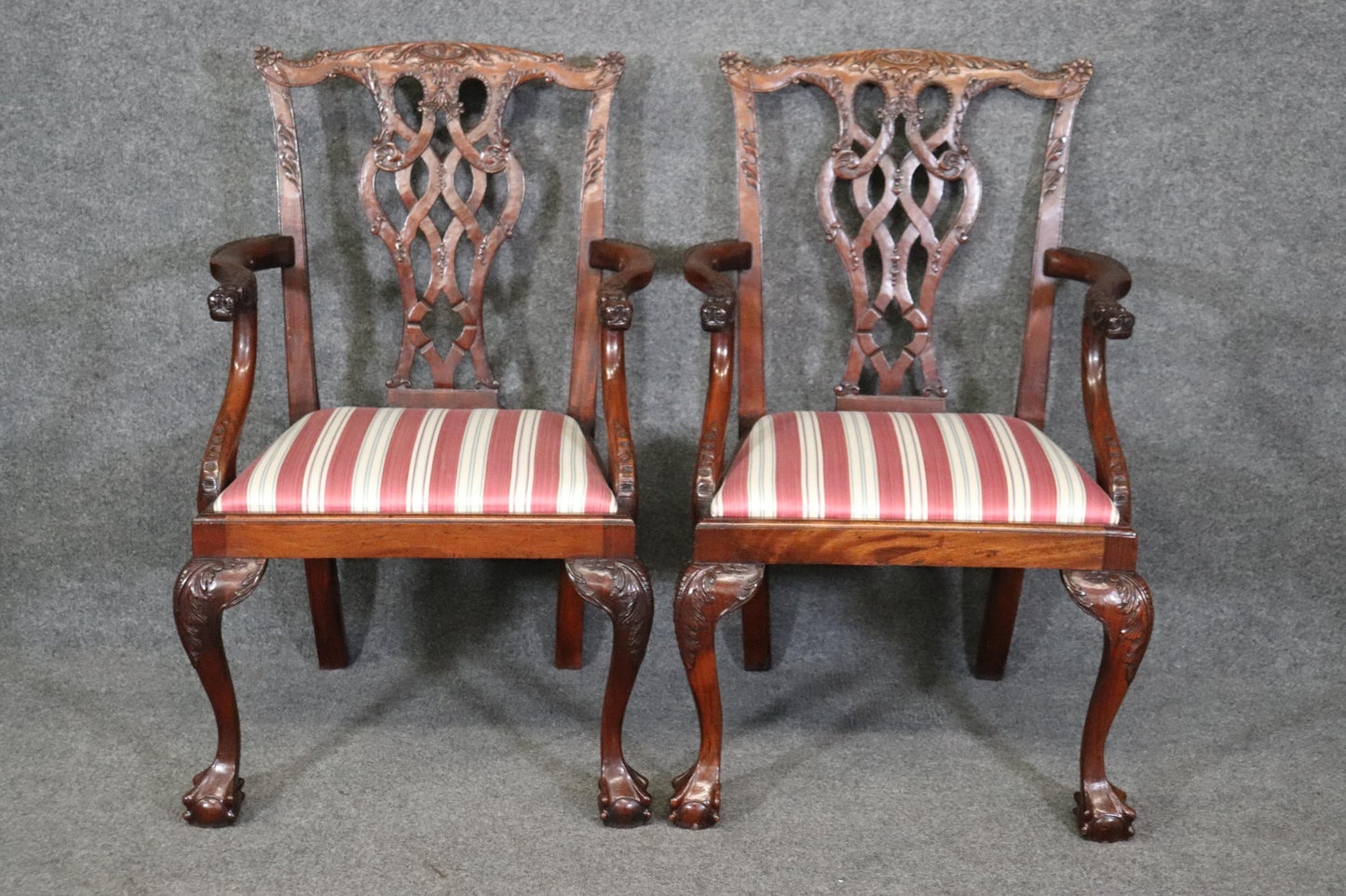 Set of 10 Carved Mahogany Chippendale Dining Chairs Dragon Face Arm Terminals