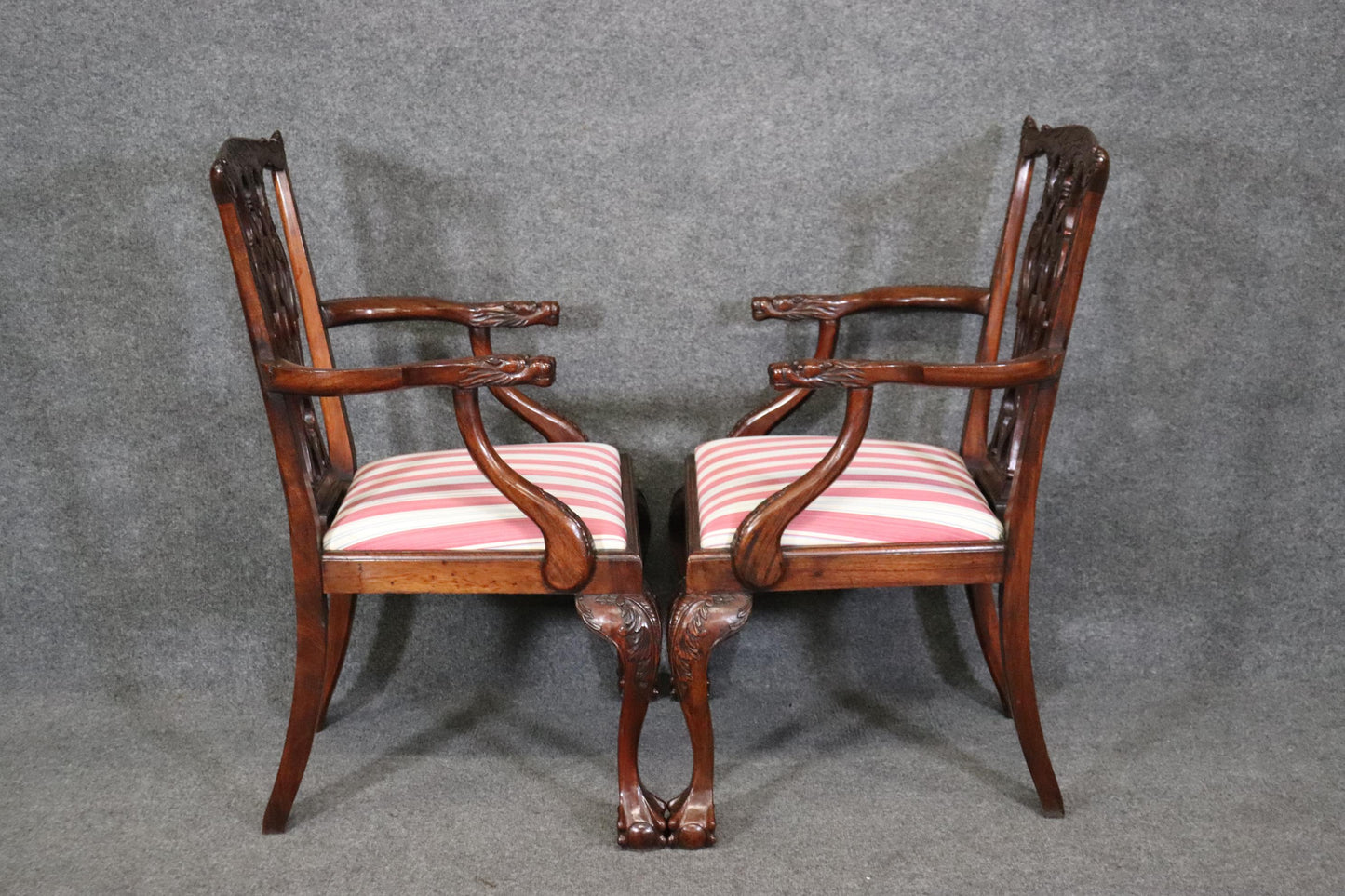 Set of 10 Carved Mahogany Chippendale Dining Chairs Dragon Face Arm Terminals