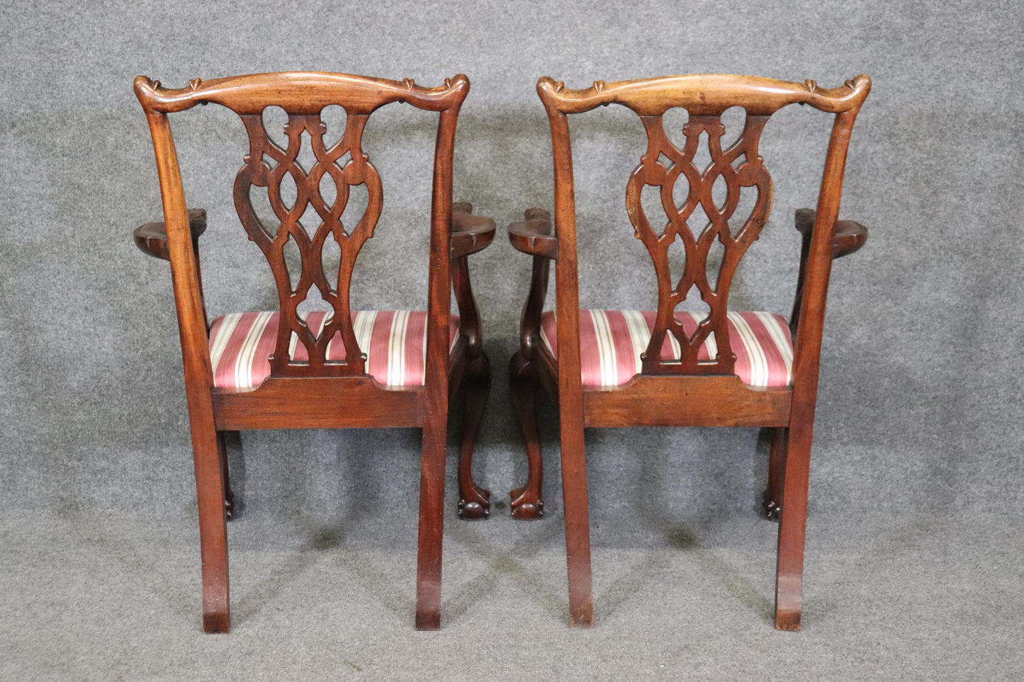 Set of 10 Carved Mahogany Chippendale Dining Chairs Dragon Face Arm Terminals