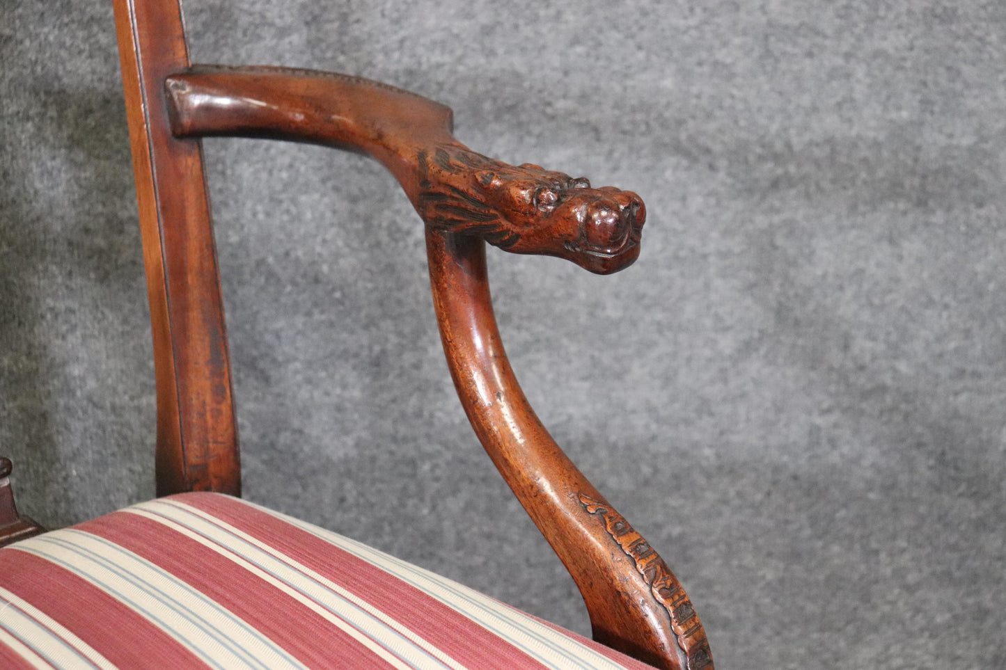 Set of 10 Carved Mahogany Chippendale Dining Chairs Dragon Face Arm Terminals