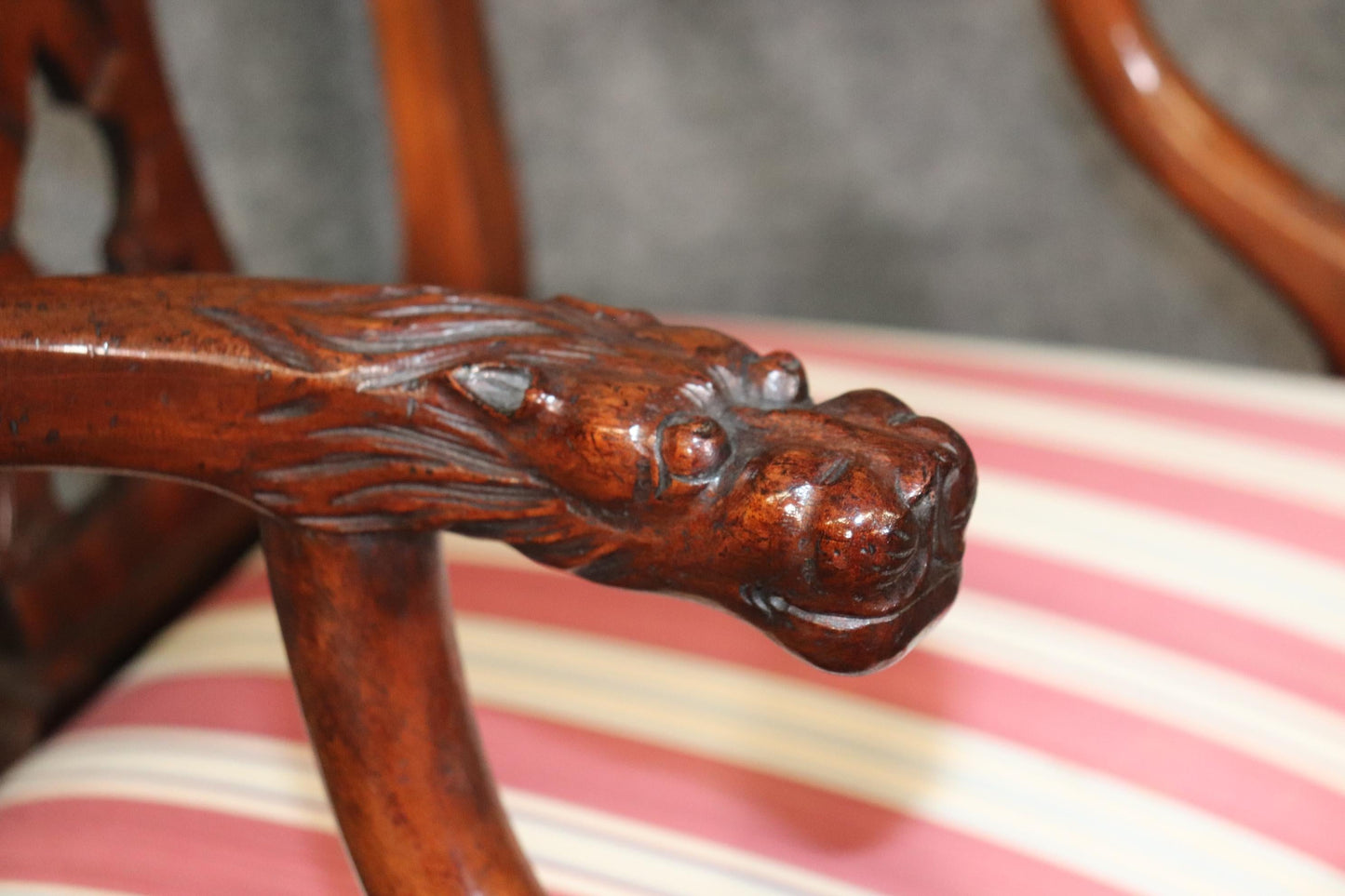 Set of 10 Carved Mahogany Chippendale Dining Chairs Dragon Face Arm Terminals