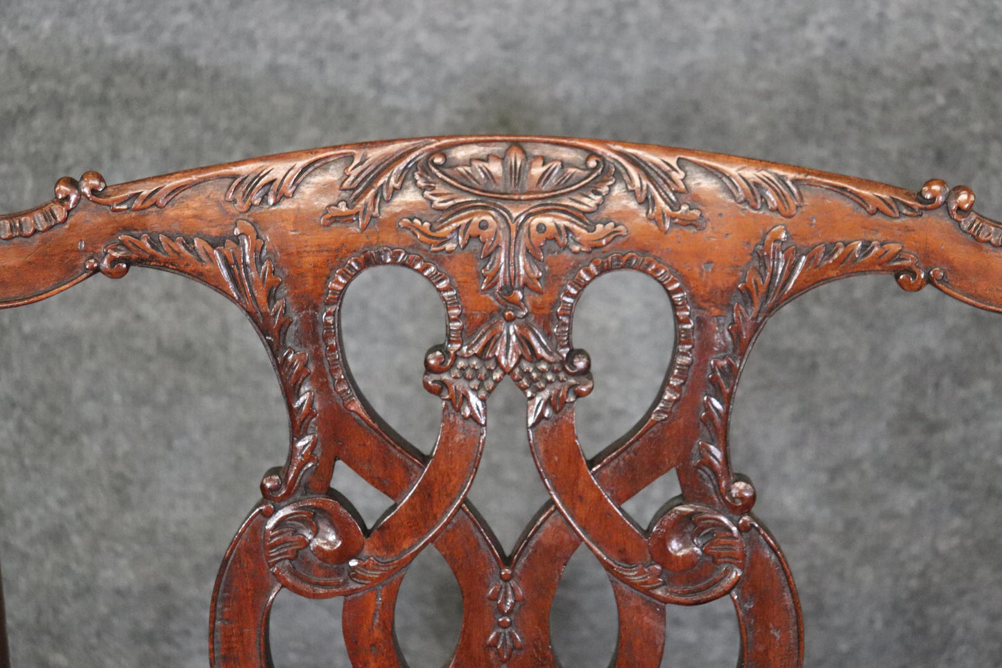 Set of 10 Carved Mahogany Chippendale Dining Chairs Dragon Face Arm Terminals