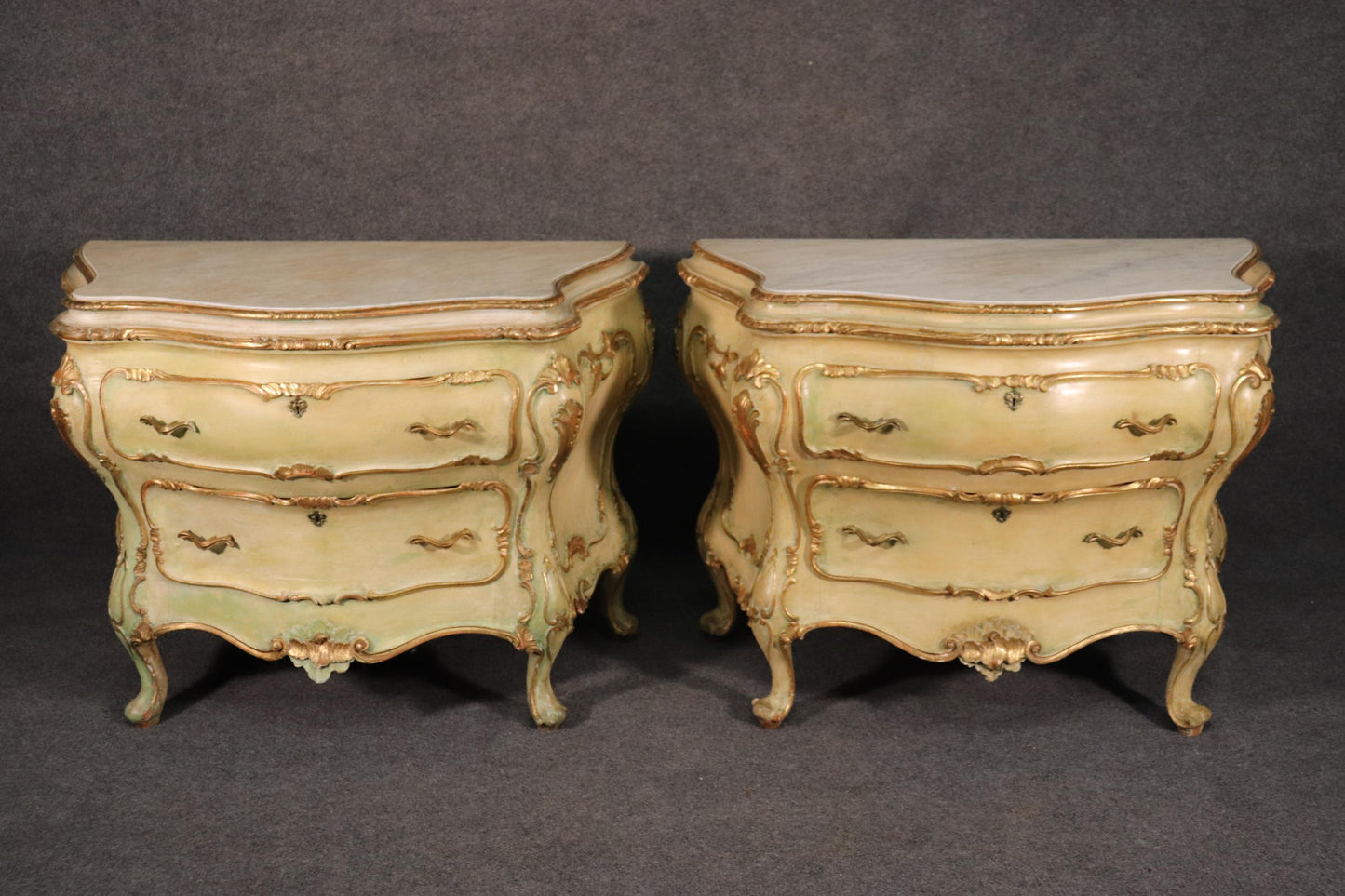 Pair Fine Large Italian Painted Marble Top Rococo Commodes Dressers 1930s Era