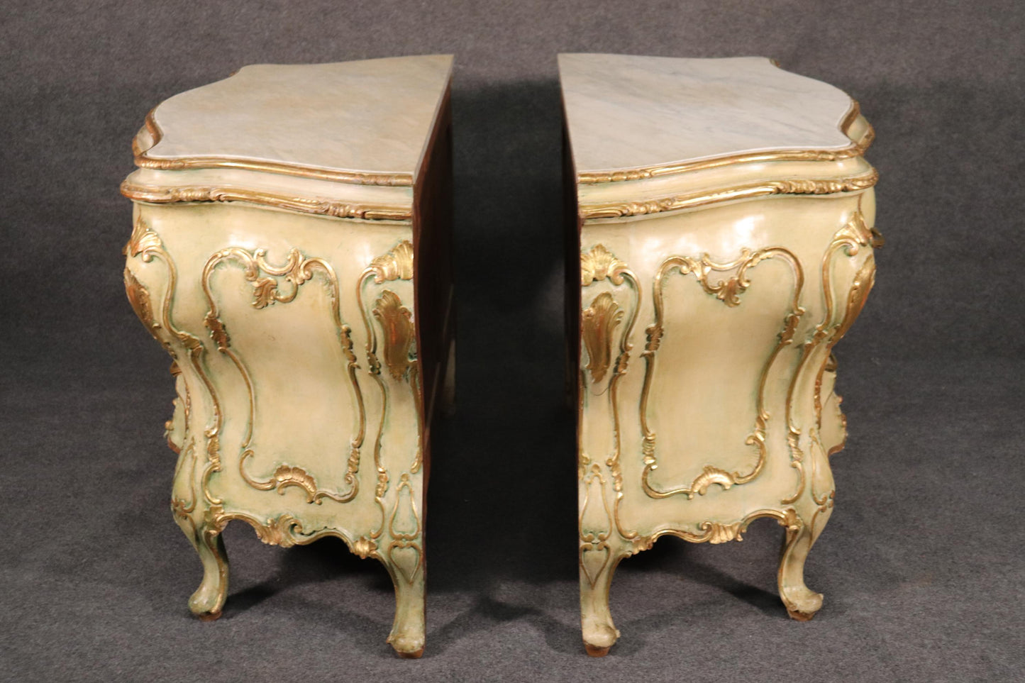 Pair Fine Large Italian Painted Marble Top Rococo Commodes Dressers 1930s Era