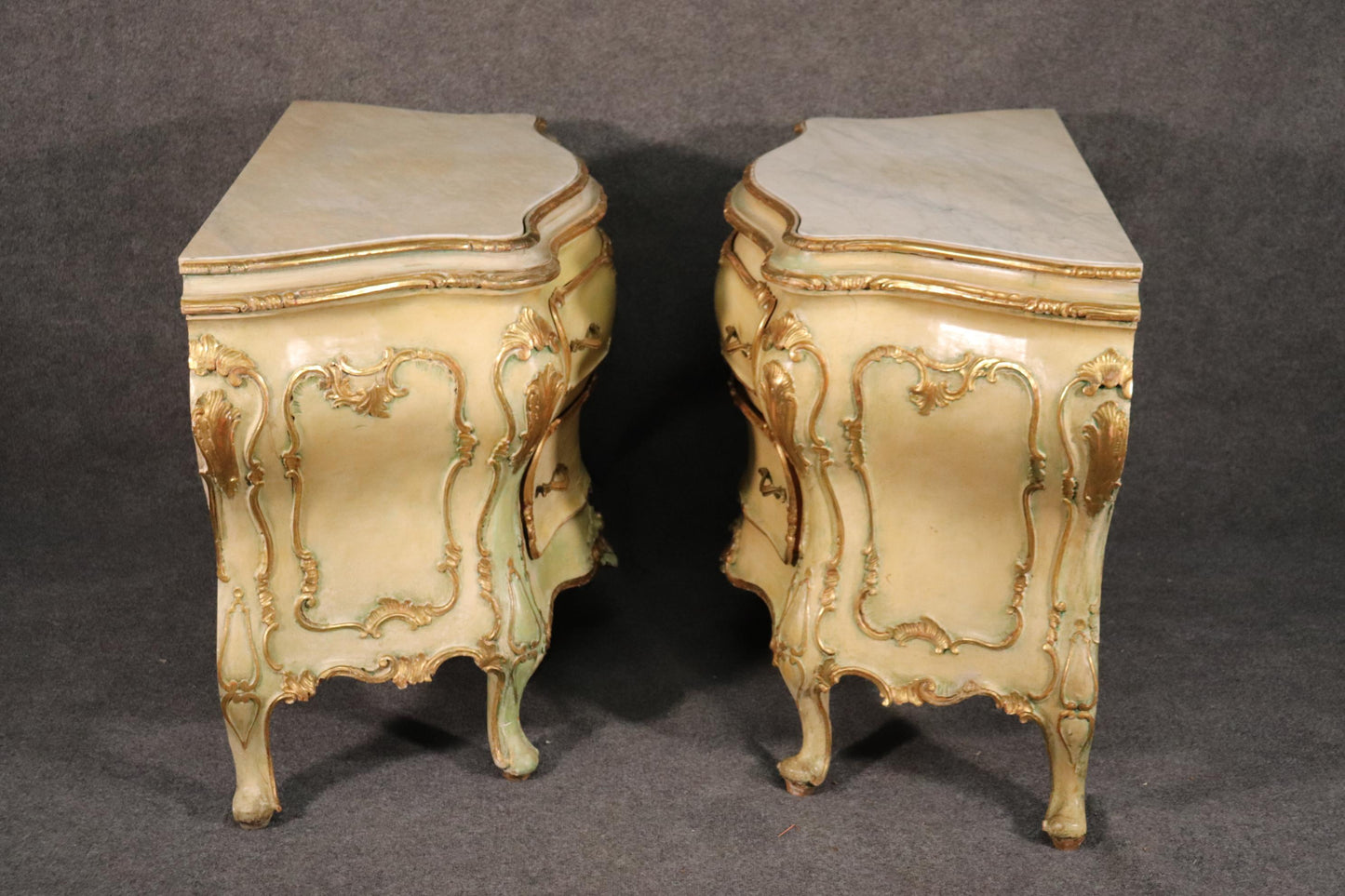 Pair Fine Large Italian Painted Marble Top Rococo Commodes Dressers 1930s Era