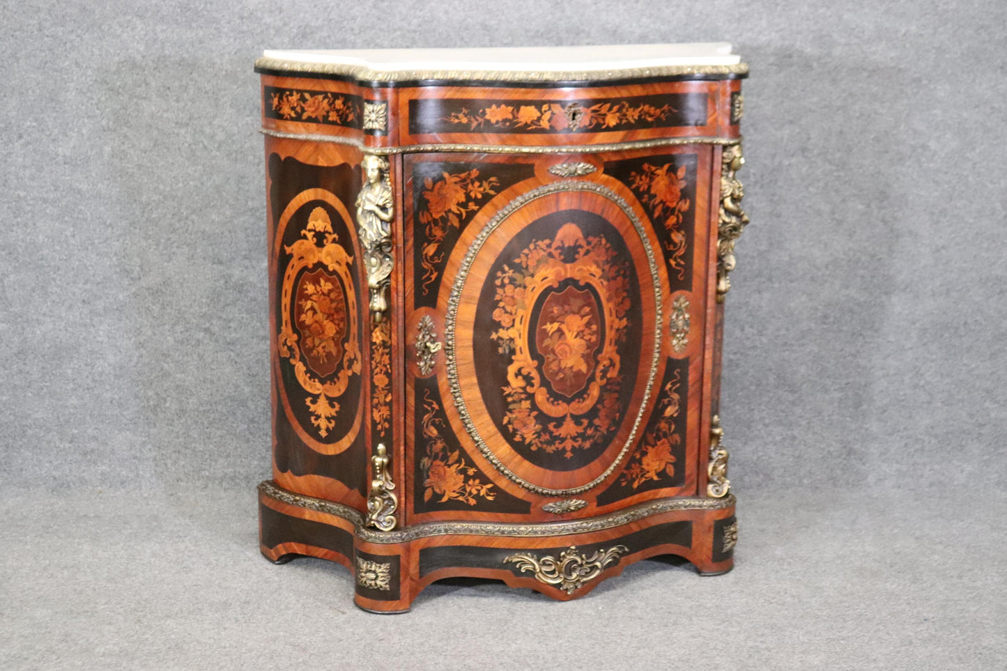 Gorgeous Figural Bronze Mounted Marble Top Napoleonic Inlaid Cabinet Commode