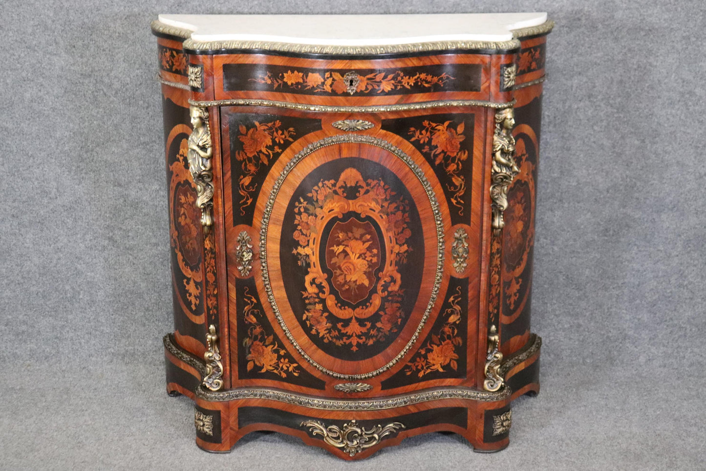 Gorgeous Figural Bronze Mounted Marble Top Napoleonic Inlaid Cabinet Commode