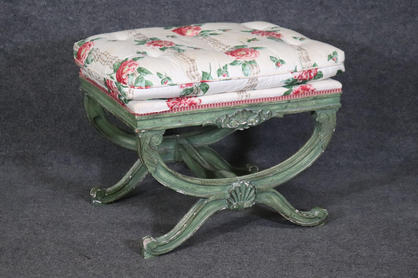 Gorgeous Green Painted decorated Upholstered Cerule Style Regency Bench Stool