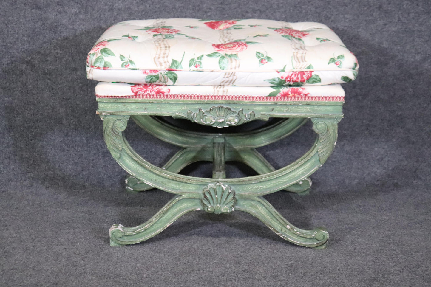 Gorgeous Green Painted decorated Upholstered Cerule Style Regency Bench Stool