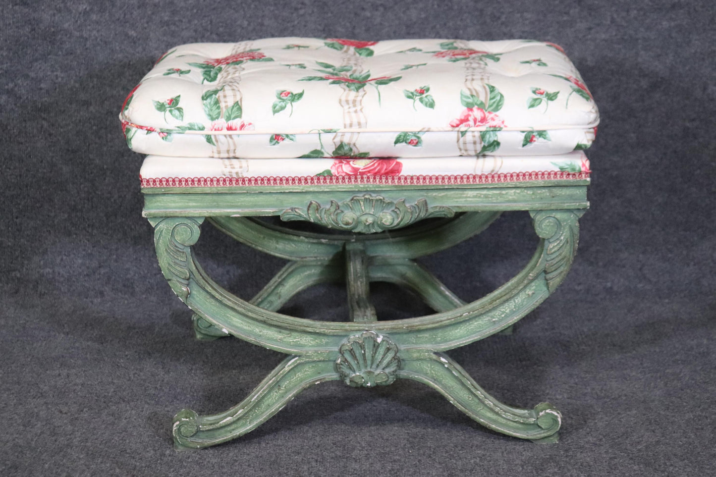 Gorgeous Green Painted decorated Upholstered Cerule Style Regency Bench Stool