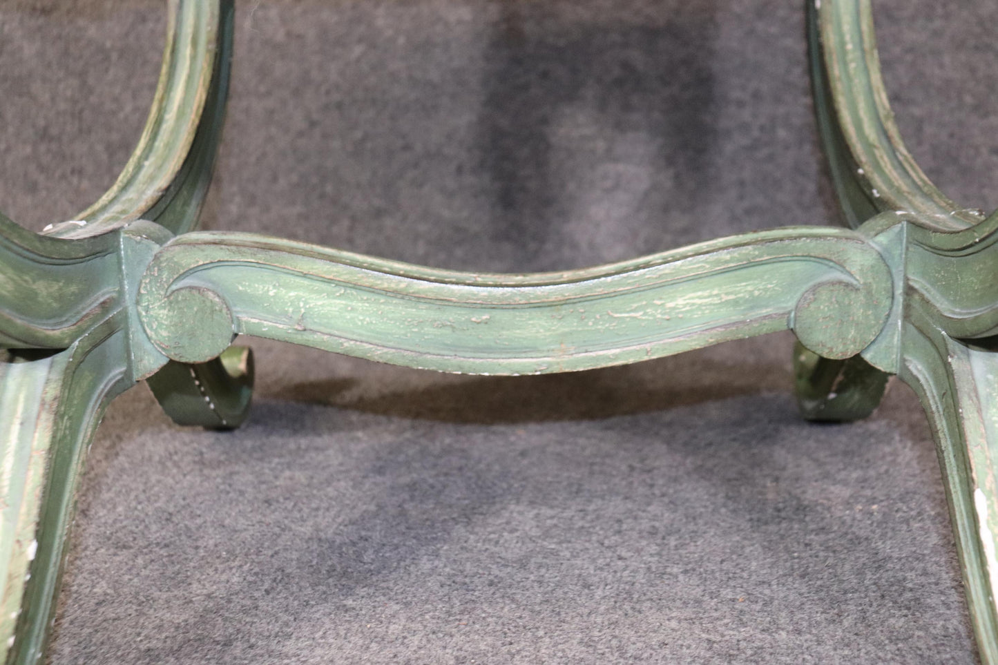 Gorgeous Green Painted decorated Upholstered Cerule Style Regency Bench Stool