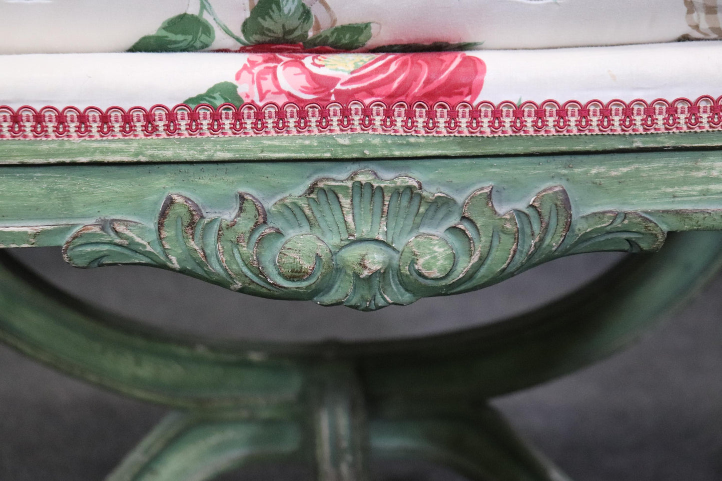 Gorgeous Green Painted decorated Upholstered Cerule Style Regency Bench Stool