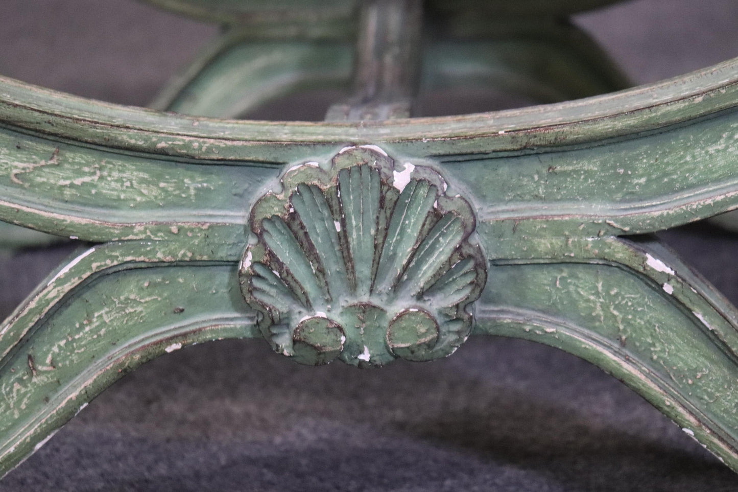 Gorgeous Green Painted decorated Upholstered Cerule Style Regency Bench Stool