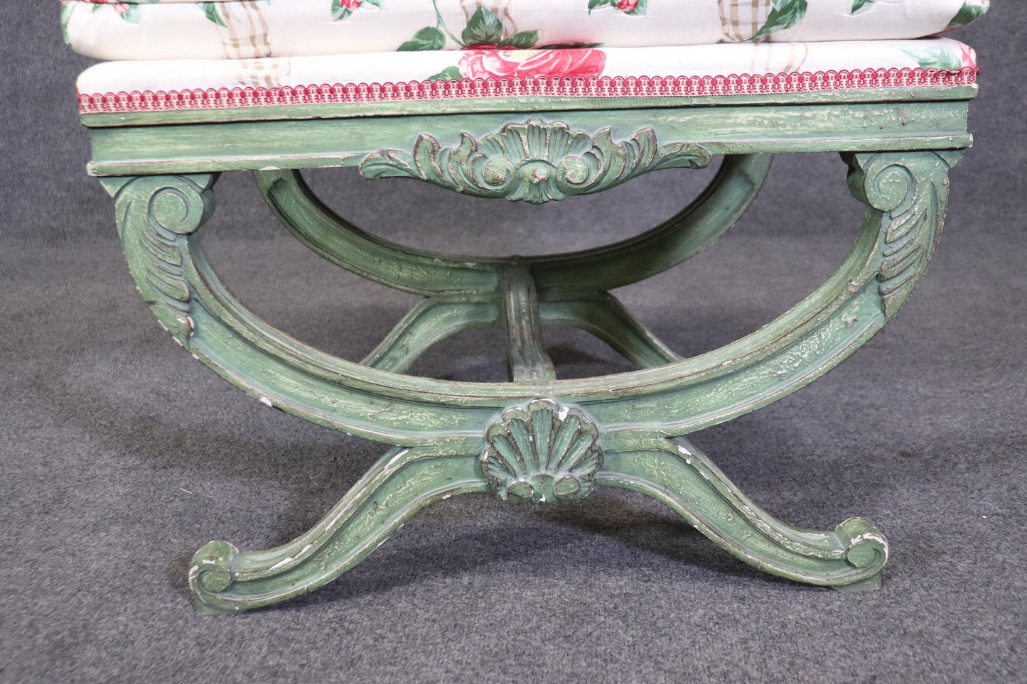 Gorgeous Green Painted decorated Upholstered Cerule Style Regency Bench Stool