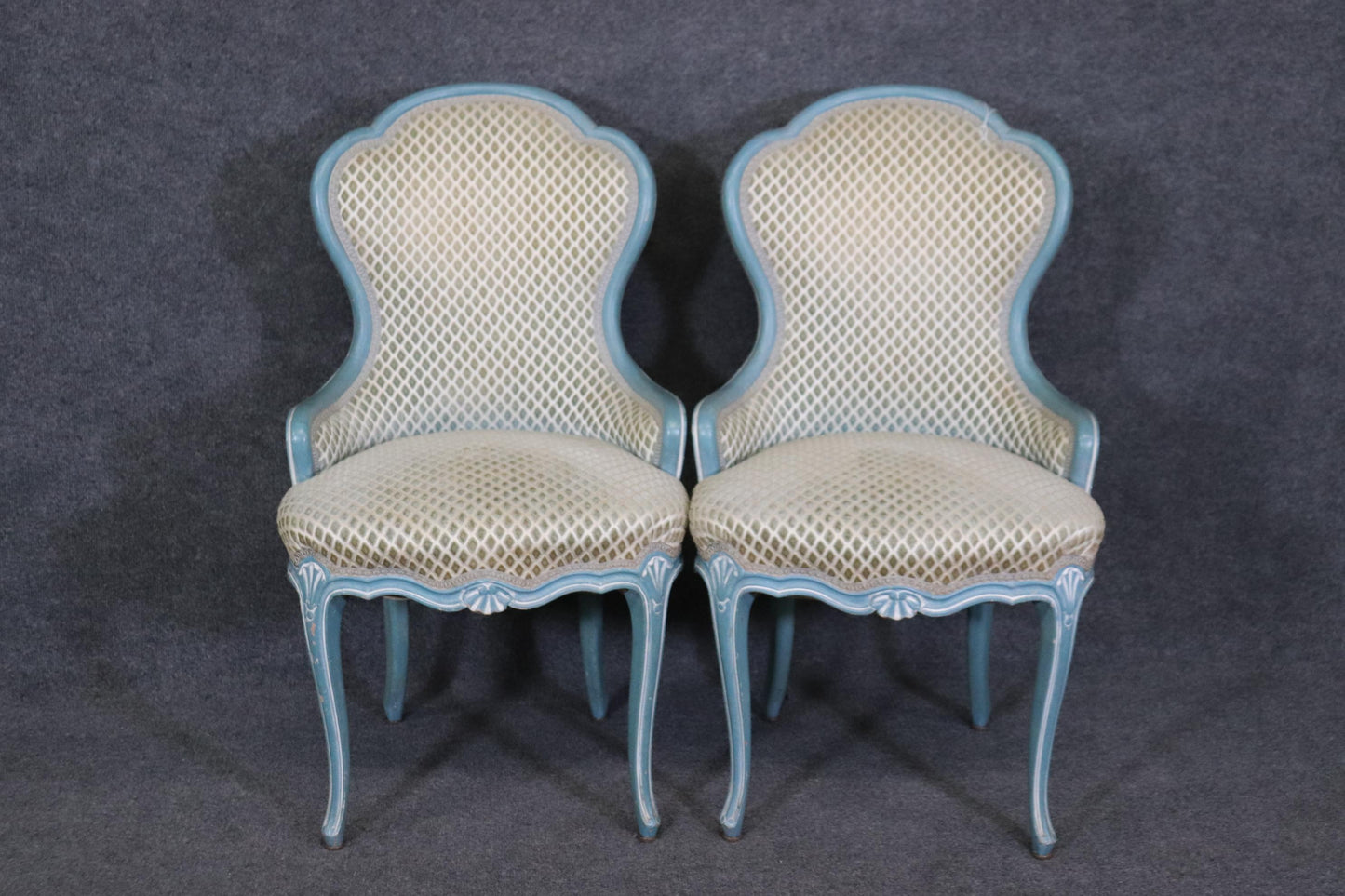 Gorgeous Pair of French Blue and White Painted Louis XV Parlor Boudoir Chairs