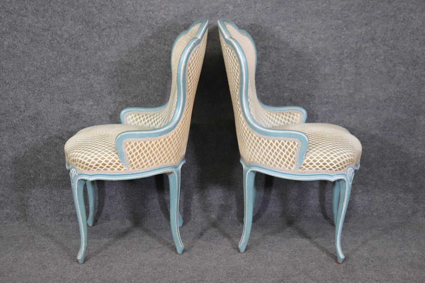 Gorgeous Pair of French Blue and White Painted Louis XV Parlor Boudoir Chairs