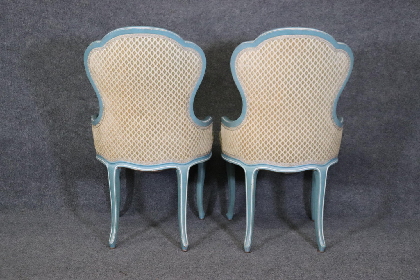 Gorgeous Pair of French Blue and White Painted Louis XV Parlor Boudoir Chairs