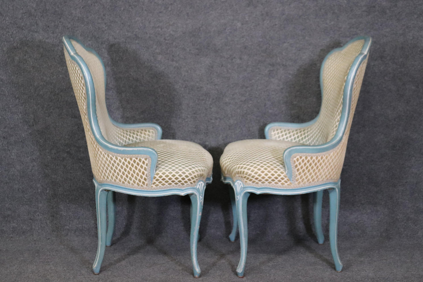 Gorgeous Pair of French Blue and White Painted Louis XV Parlor Boudoir Chairs