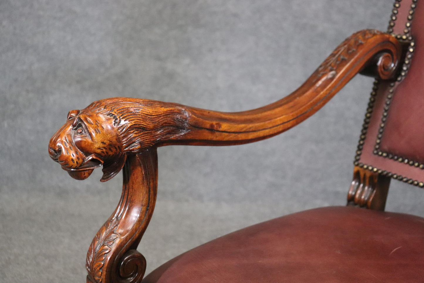 Superb Double Nail Head Trimmed Leather Carved Lion Head Throne Arm Chair