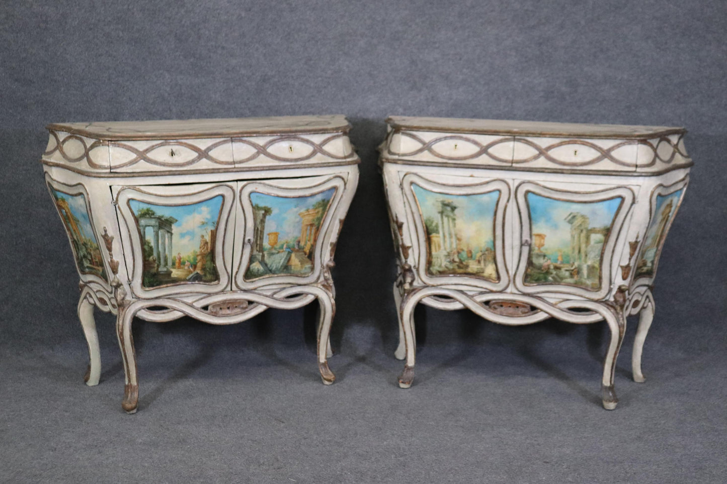 Rare Pair Period 18th Century Paint Decorated Venetian Commodes Cabinets