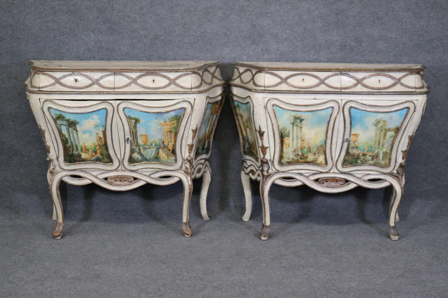 Rare Pair Period 18th Century Paint Decorated Venetian Commodes Cabinets