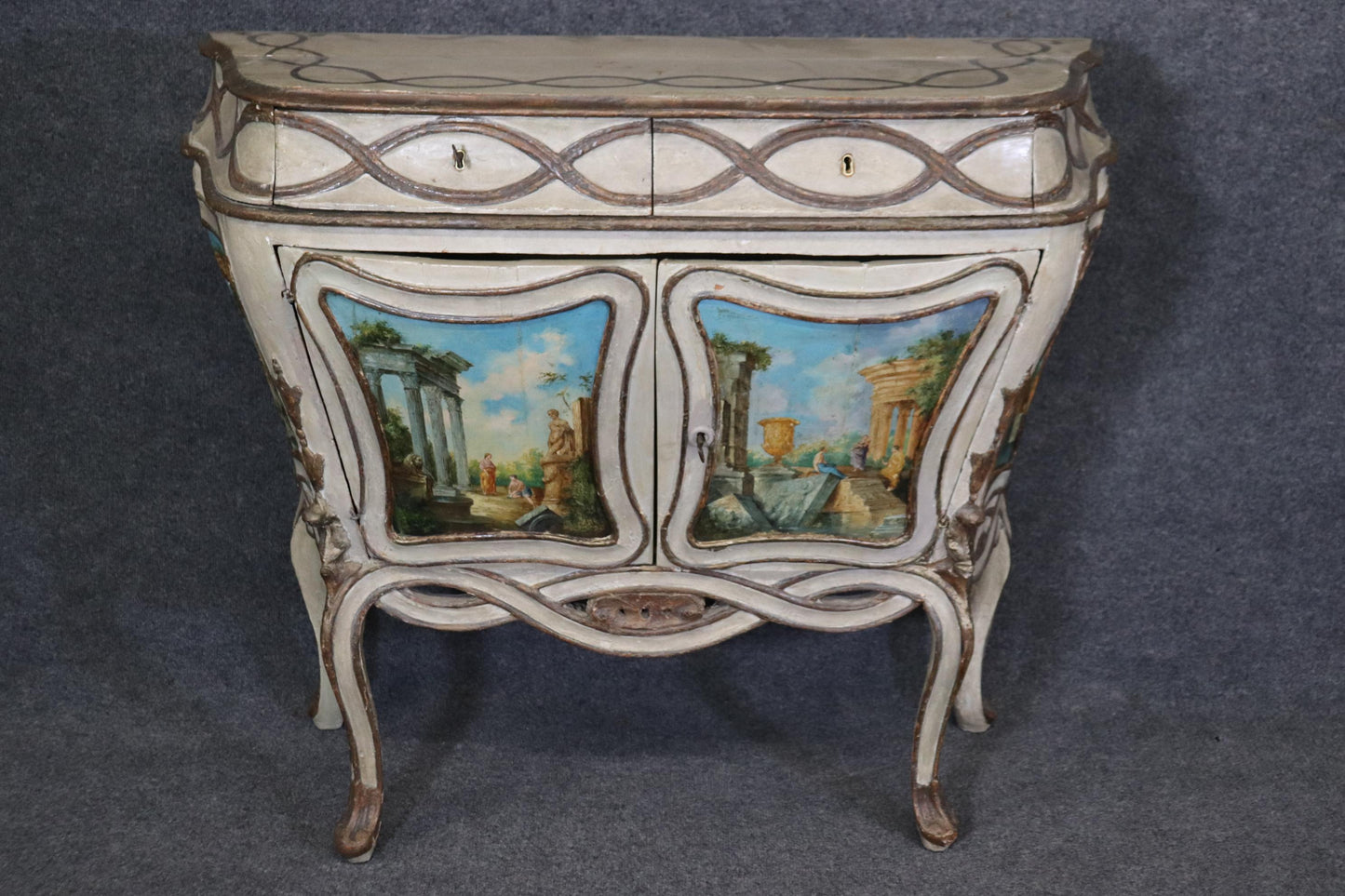 Rare Pair Period 18th Century Paint Decorated Venetian Commodes Cabinets