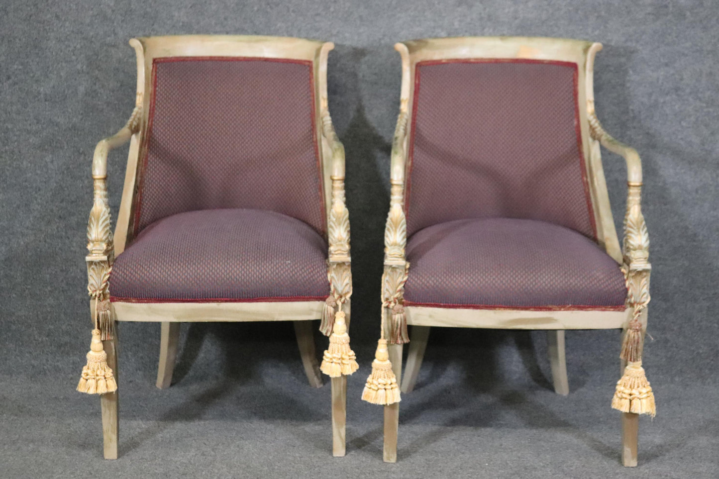 Pair of Paint Decorated and Gilded Dolphin Head Neoclassical Bergere Chairs