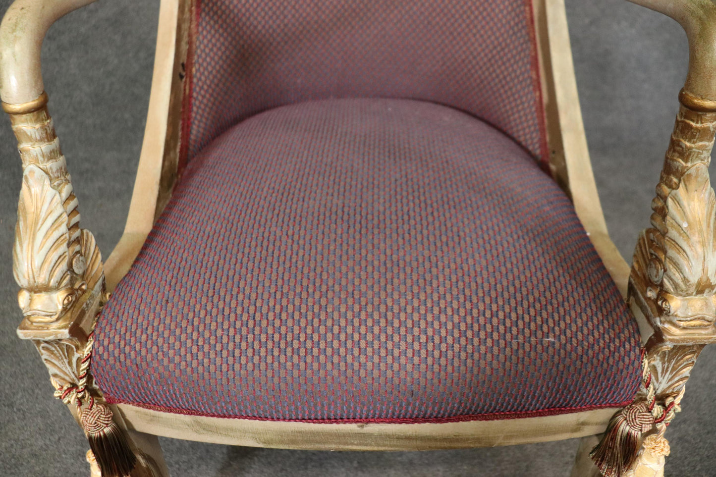 Pair of Paint Decorated and Gilded Dolphin Head Neoclassical Bergere Chairs