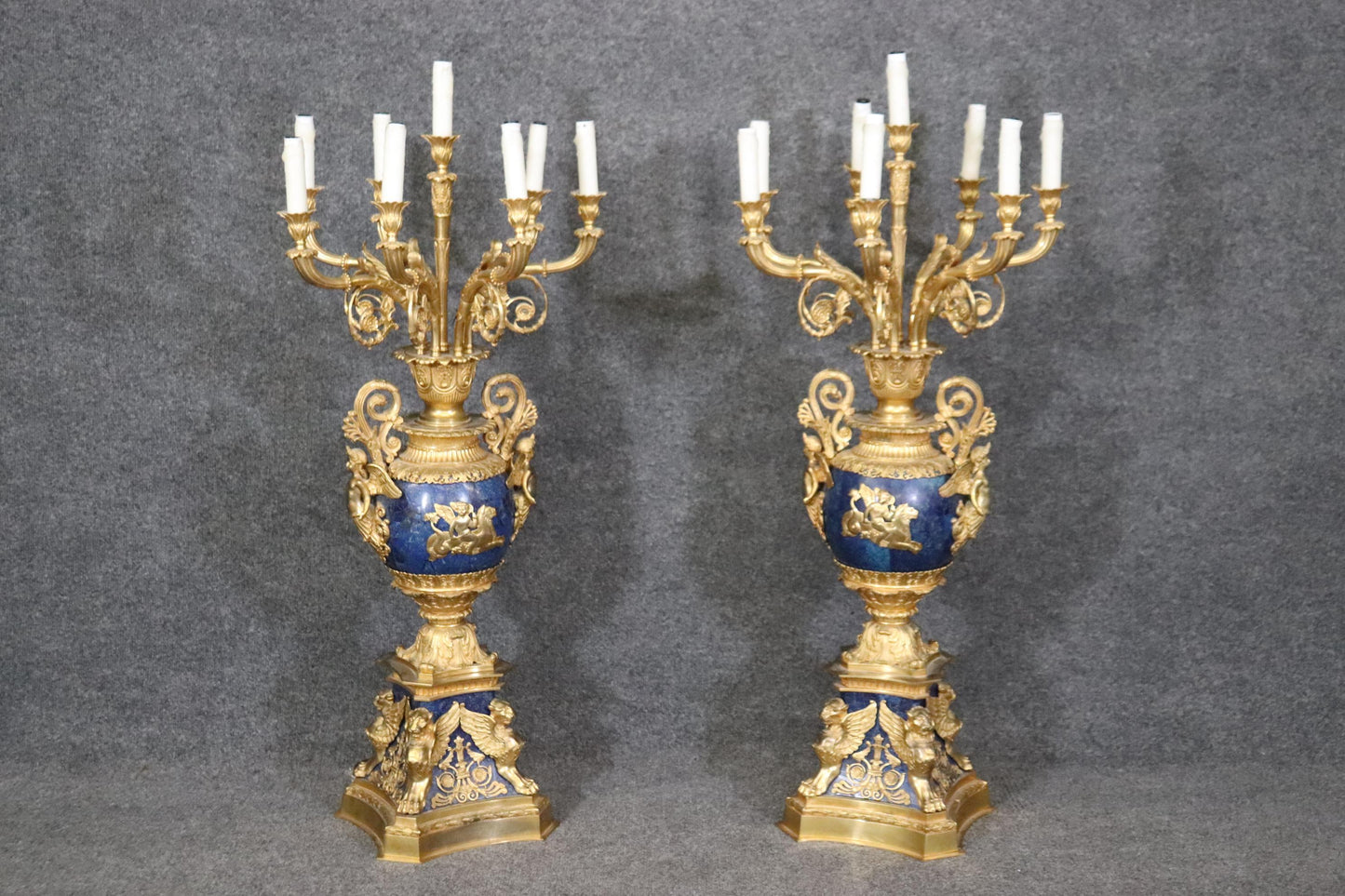 Late 19th Century French Belle Epoque Dore' Bronze and Lapis Lazuli Candelabra