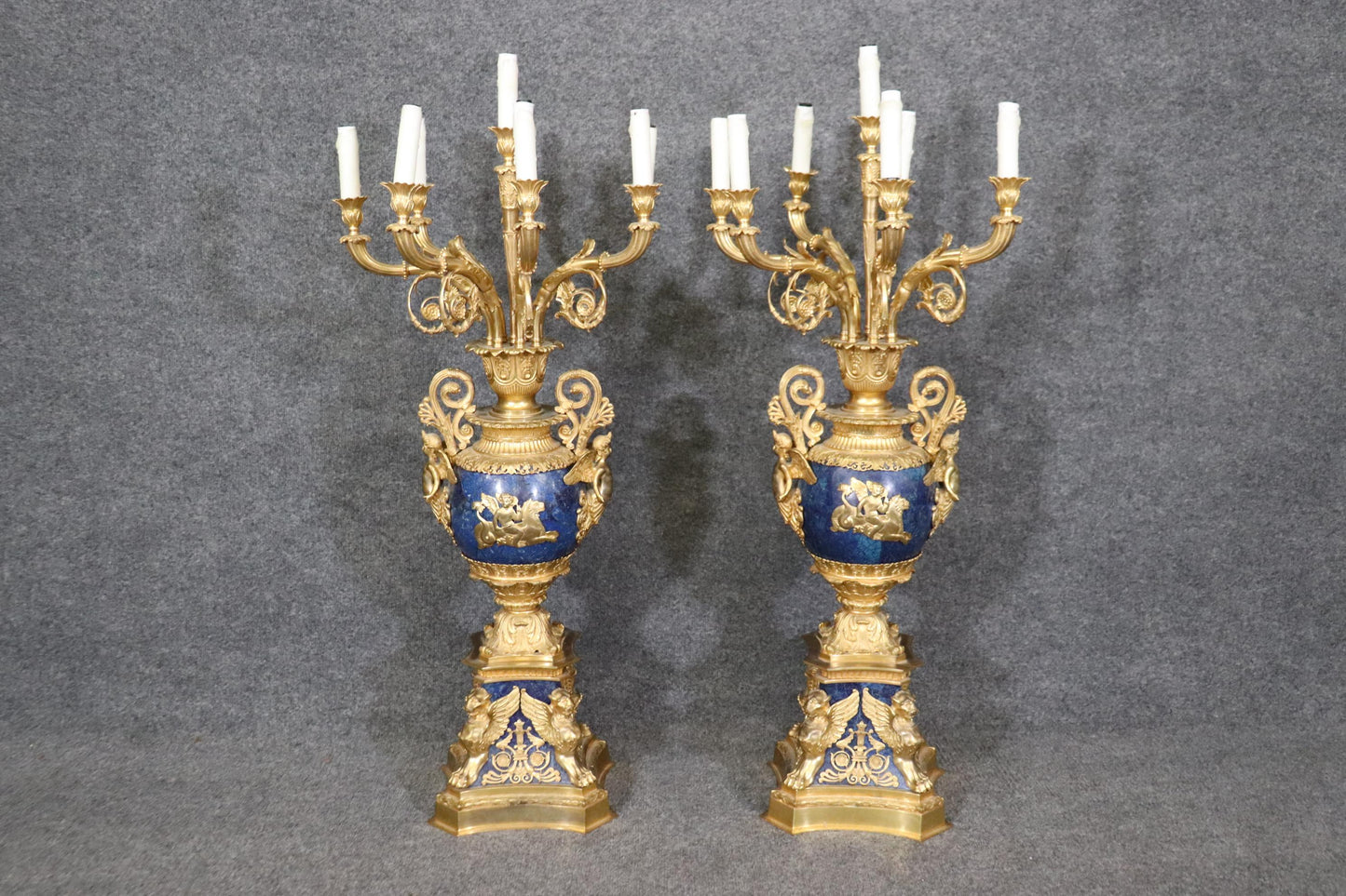 Late 19th Century French Belle Epoque Dore' Bronze and Lapis Lazuli Candelabra