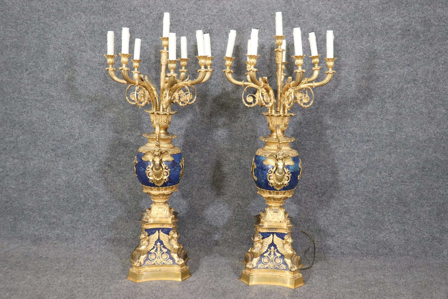 Late 19th Century French Belle Epoque Dore' Bronze and Lapis Lazuli Candelabra